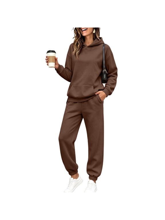 Fleece Sweatsuits 2pcs Sets Womens Jogging Suit Hooded Set Warm Plush Women Tracksuit Brown XXL