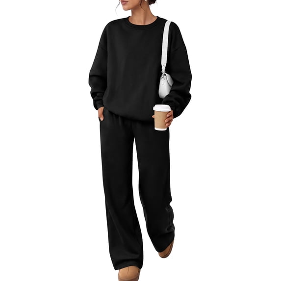 Garbnen Fleece Womens Sweatsuits 2 Piece Set Crewneck Sweatshirt and Sweatpants Set Warm Plush Tracksuit for Women Black XL