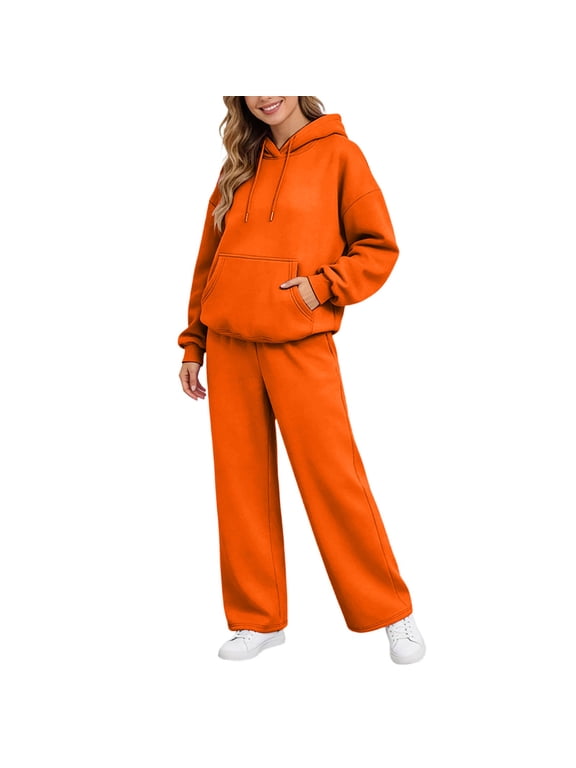 Fleece Womens Sweatsuits 2 Piece Set Hoodie Wide Leg Sweatpants Lounge Track Suit Warm Plush Women Sweat Set Red XL