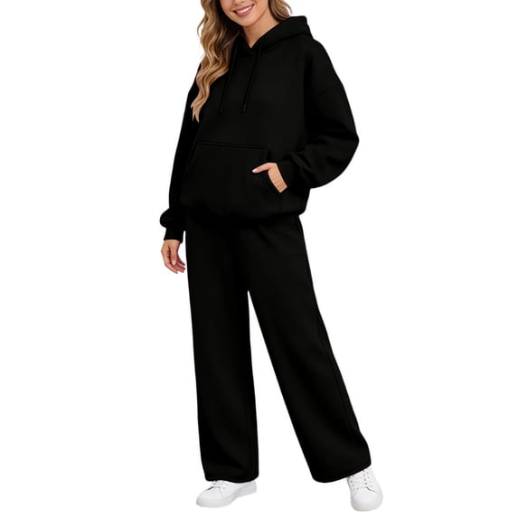 Garbnen Fleece Womens Sweatsuits 2 Piece Set Oversized Hoodie Wide Leg Pants Warm Plush Tracksuit for Women Black XXL