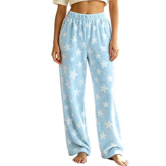 Garbnen Fleece pajama Pants women Funny Star Printed Wide Leg Sleep Pants for Women Soft Comfy Fall Winter Warm Fluffy Pj Pants for Women with Pockets Blue M