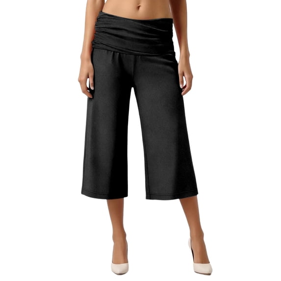 Garbnen Fold Over Yoga Pants Low Waist Flared Capri Womens Leggings Wide Leg Ruched Palazzo Flowy Strechy Summer Beach Lounge Pants Women Black XL