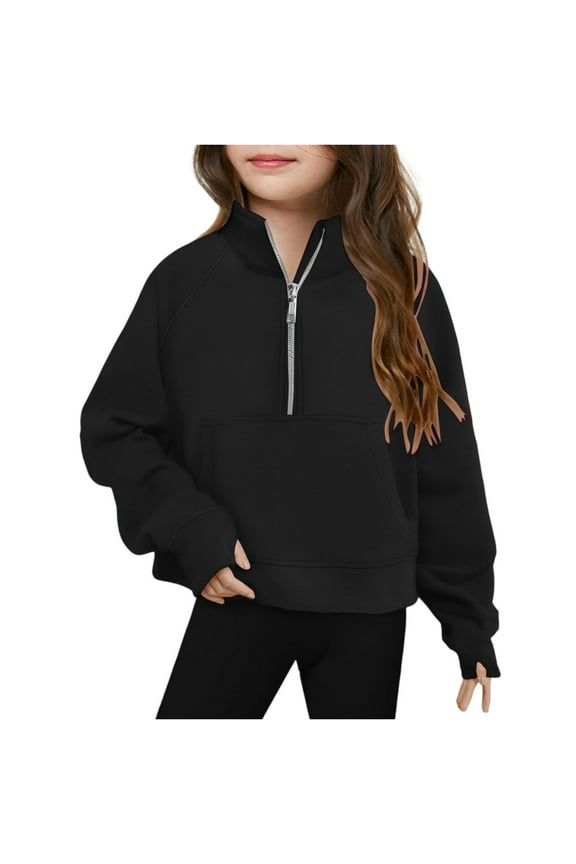 Girls Half Zip Sweatshirt Solid Fleece Sweaters for Teen Girls with Kangaroo Pockets Fall Winter Long Sleeve Preppy Clothes for Teen Girls Thumb Hole 5-6 Years