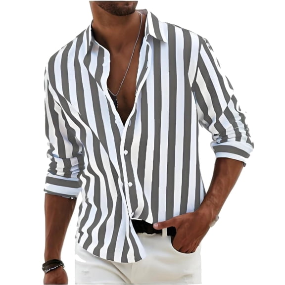 Garbnen Gray Striped Shirt Men Cotton Linen Long Sleeve Button Down Men Regular Fit Spring Summer Mens Collared Shirt