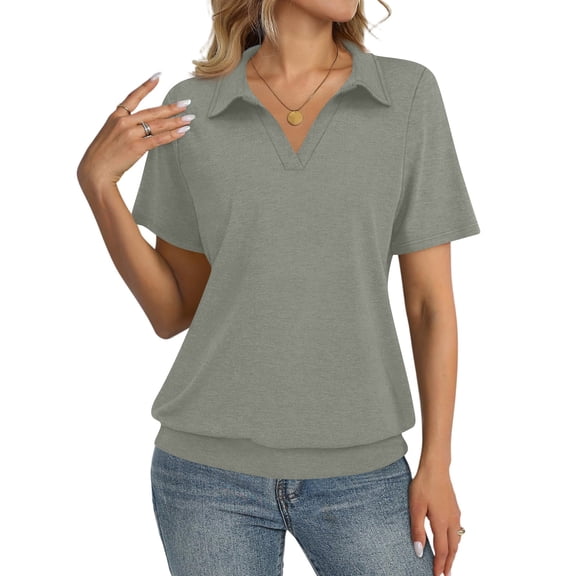 Garbnen Gray Womens Polo Shirt Dressy V Neck Fitted Short Sleeve Shirts for Women Collared Spring Summer Business Womens Blouses