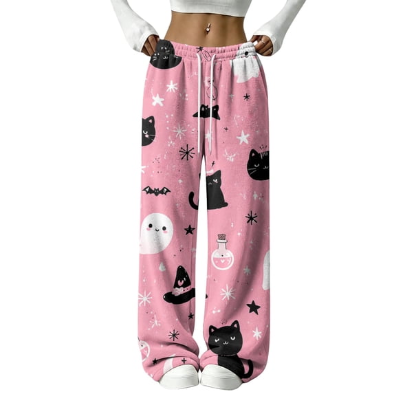 Garbnen Halloween Fleece Womens Pajama Pants Ghost Pumpkin Graphic Lounge Pants for Women Soft Fluffy Fall Winter Warm Wide Leg Sleep Pants Women