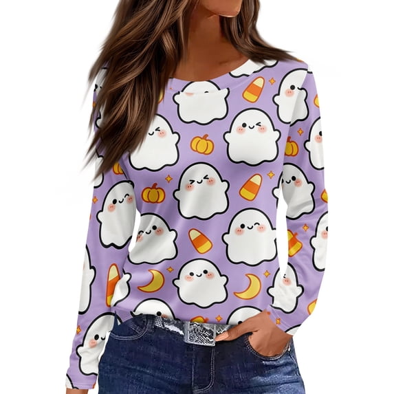 Garbnen Halloween Long Sleeve Shirts for Women Funny Ghost Pumpkin Cat Women T Shirt Graphic Loose Fit Cute Holiday Women's Pullover XXL