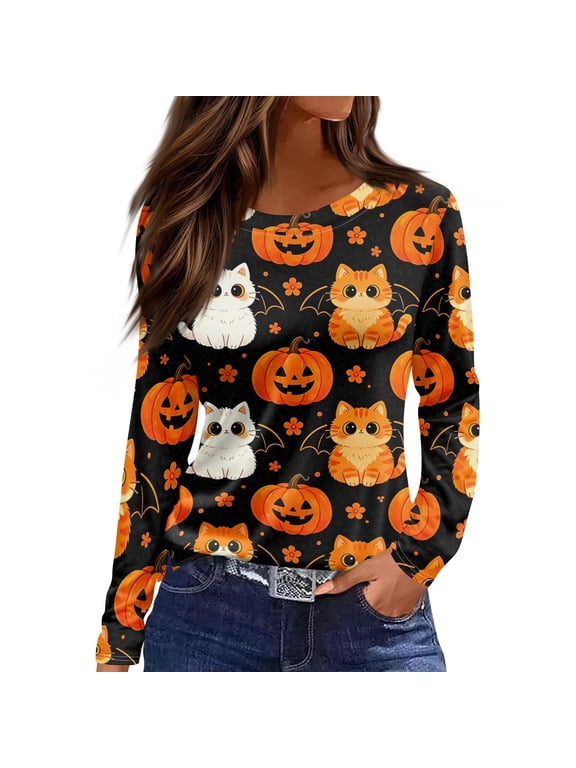 Halloween Long Sleeve Shirts for Women Ghost Pumpkin Cat Graphic Tshirts for Women Loose Fit Cute Holiday Pullover Tops for Women Orange M