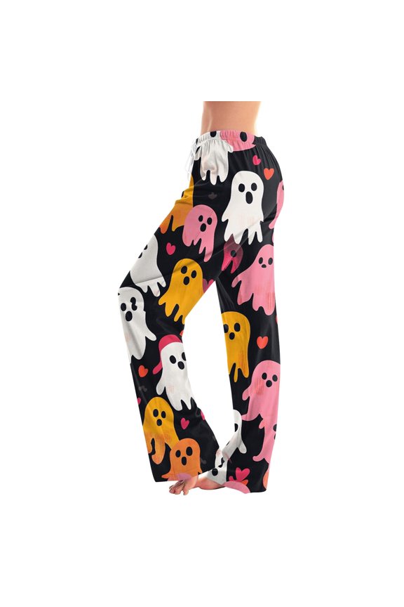 Halloween Pajama Pants Ghost Print Women’s Lounge Pants Soft Cute Elastic Waist Fall Winter Wide Leg Sleeping Pants Women XXL