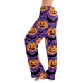 thumbnail image 1 of Garbnen Halloween Pajama Pants Pumpkins Print Women's Lounge Pants Comfy Cute Elastic Waist Fall Winter Wide Leg Women Sleep Pants Purple S, 1 of 8