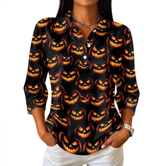 Garbnen Halloween Polo Shirt Women Funny Ghost Pumpkin cat Womens Golf Shirts Fall Winter 3/4 Length Sleeve Women's Pullover Yellow S