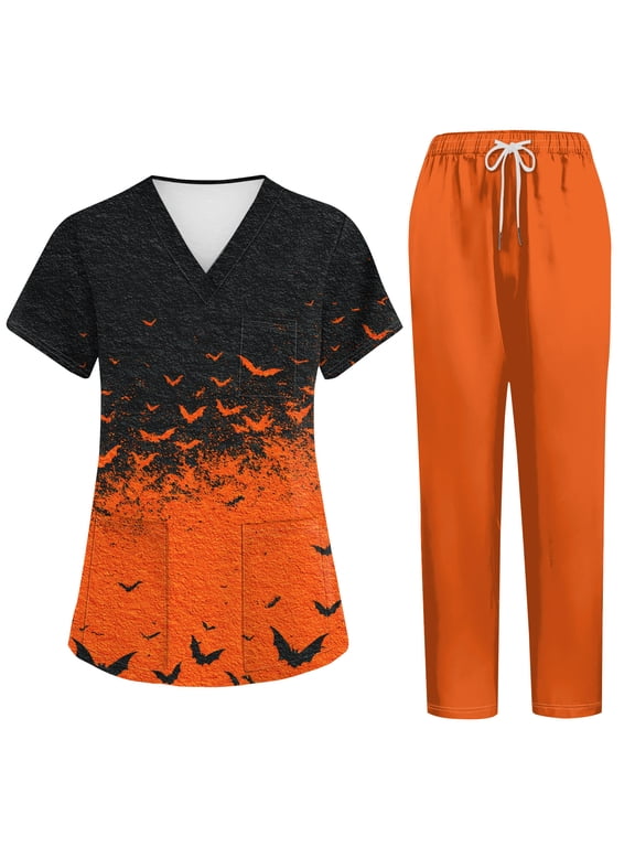 Halloween Scrub Sets for Woman Funny Ghost Pumpkin Witch Stretch Nurses Uniform with Pockets and Pants Work Sets for Women 2 Piece Orange L