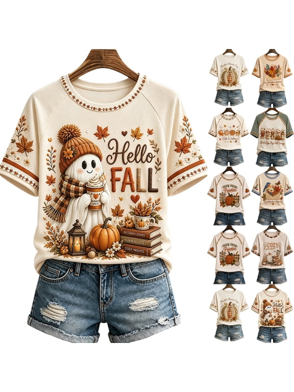Halloween Shirt for Women Ghost Printed Women Fall Clothes Spooky Season Funny Holiday Vintage Trendy Short Sleeve Womens Pullover Tops