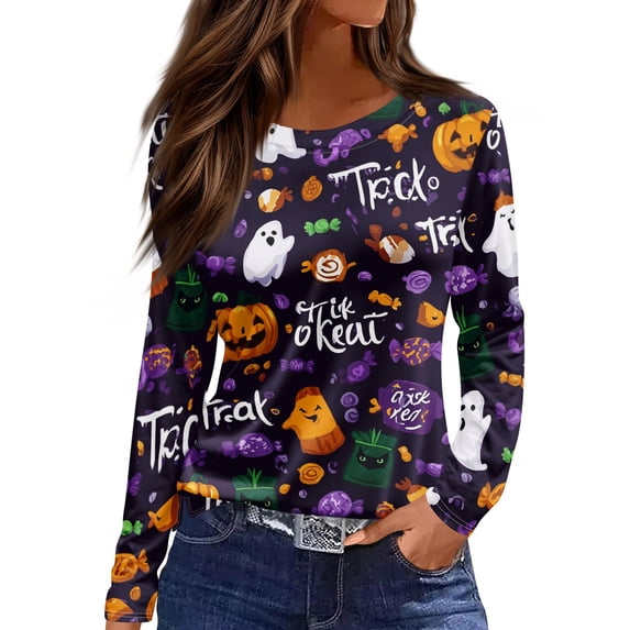 Garbnen Halloween Shirts for Women Long Sleeve Funny Ghost Pumpkin Spider Web Womens Graphic Tshirts Loose Fit Cute Holiday Women's Pullover Purple XL