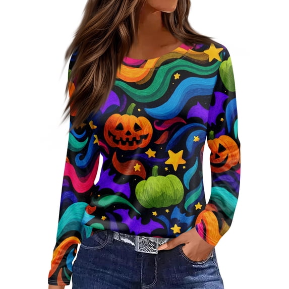 Garbnen Halloween Shirts for Women Long Sleeve Funny Pumpkin Ghost Spider Web Graphic Tees for Women Loose Fit Cute Holiday Pullover Shirts for Women XL