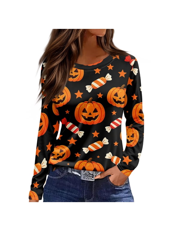 Halloween Shirts for Women Long Sleeve Pumpkin Ghost Spider Web Graphic Tees for Women Loose Fit Cute Holiday Womens Pullover Tops Black XXXL