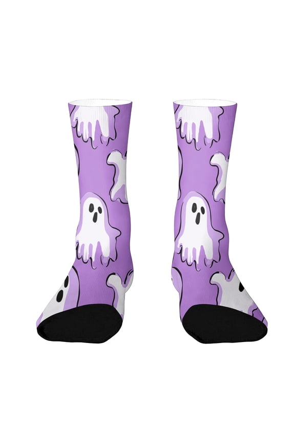 Halloween Socks Funny Ghost Pumpkin Socks Witch Graphic Mid Calf Spooky Novelty Cozy Men Womens Crew Socks Purple
