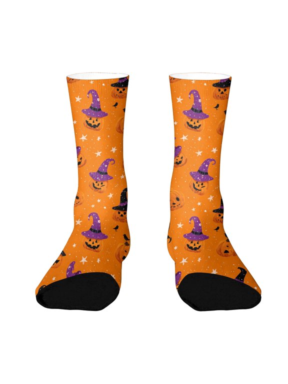 Halloween Socks Funny Pumpkin Ghost Socks Candy Graphic Mid Calf Spooky Novelty Cozy Crew Socks for Women Men Yellow