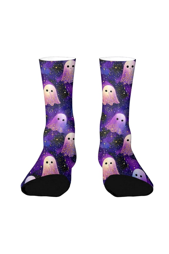 Halloween Socks Funny Pumpkin Ghost Socks Witch Graphic Mid Calf Spooky Novelty Cozy Men Women Crew Socks Purple