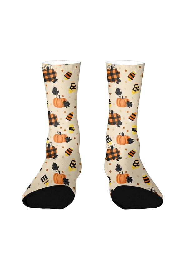 Halloween Socks Funny Pumpkin Socks Witch Graphic Mid Calf Spooky Novelty Cozy Men Womens Crew Socks Beige