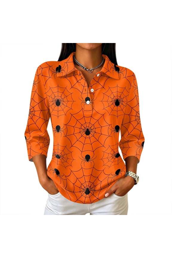 Halloween Women Polo Shirt Funny Ghost Pumpkin Candy Womens Golf Shirts Fall Winter 3/4 Length Sleeve Womens Pullover Orange XXXL