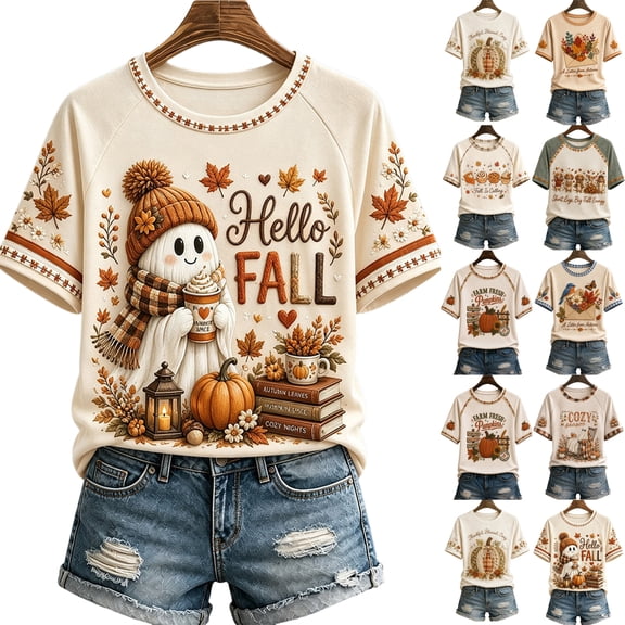 Garbnen Halloween Womens Shirts Funny Ghost Graphic Short Sleeve Tops for Women Spooky Season Holiday Vintage Fall Trendy Pullover Tops for Women