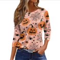 thumbnail image 1 of Garbnen Halloween Womens&nbsp;shirts Funny Ghost Pumpkin Full Moon Graphic Shirts for Women 3/4 Sleeve Crew Neck Holiday Dressy Women's Fall Clothes Yellow XL, 1 of 5