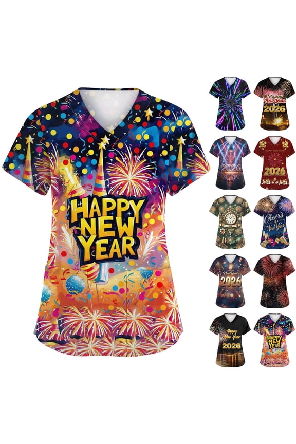 Happy New Year Print Scrub Shirts for Women Plus Size Stretch V Neck Short Sleeve Womens Tshirts Xmas Valentine's Day Holiday Prints Nurse Uniform