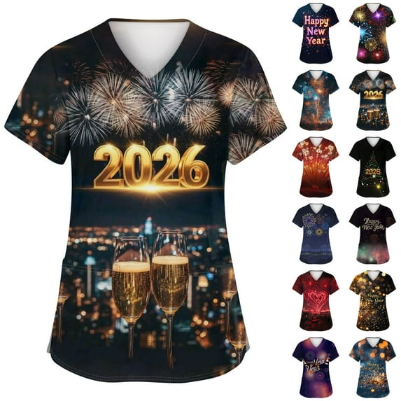 Garbnen Happy New Year Print Scrub Tops Women Plus Size Stretch V Neck Short Sleeve Women Shirt Xmas Valentine's Day Holiday Prints Nurse Working Uniforms