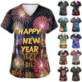 thumbnail image 1 of Garbnen Happy New Year Print Scrub Tops Women Stretchy Plus Size Stretch V Neck Short Sleeve Shirts Women Xmas Valentine's Day Holiday Prints Nurse Working Uniforms, 1 of 6