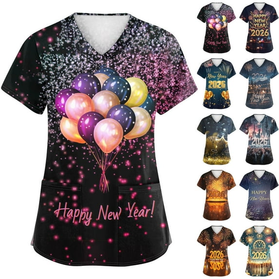 Garbnen Happy New Year Print Scrubs Tops for Women Plus Size Stretch V Neck Short Sleeve Woman Shirt Xmas Valentine's Day Holiday Prints Nurse Working Uniforms
