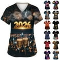 thumbnail image 1 of Garbnen Happy New Year Print Women's Scrub Top Plus Size Stretch V Neck Short Sleeve Women's Shirt Xmas Valentine's Day Holiday Prints Nurse Uniforms, 1 of 6