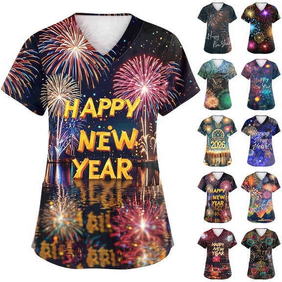 Garbnen Happy New Year Print Womens Scrub Tops Plus Size Stretch V Neck Short Sleeve Shirt for Women Xmas Valentine's Day Holiday Prints Nurse Uniforms