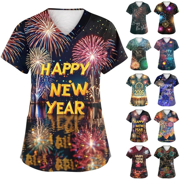 Garbnen Happy New Year Print Womens Scrubs Tops Plus Size Stretch V Neck Short Sleeve Women Shirt Xmas Valentine's Day Holiday Prints Nurse Uniform