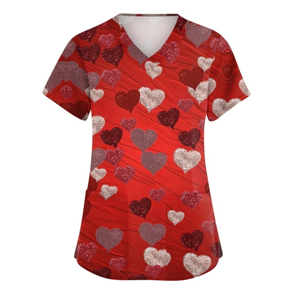 Garbnen Heart Print Valentine Scrubs for Women Short Sleeve V Neck Stretch Nursing Uniforms for Women with Pocket Womens Work Tops Plus Size S-5XL