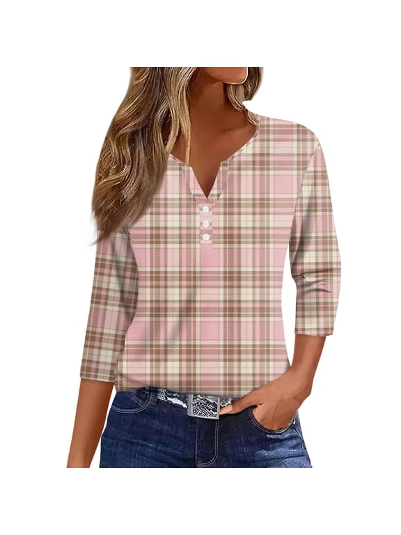 Henley Shirt Women Plaid Spring Summer Womens 3/4 Sleeve Top Vacation Loose Trendy Button Down Women's Tunic