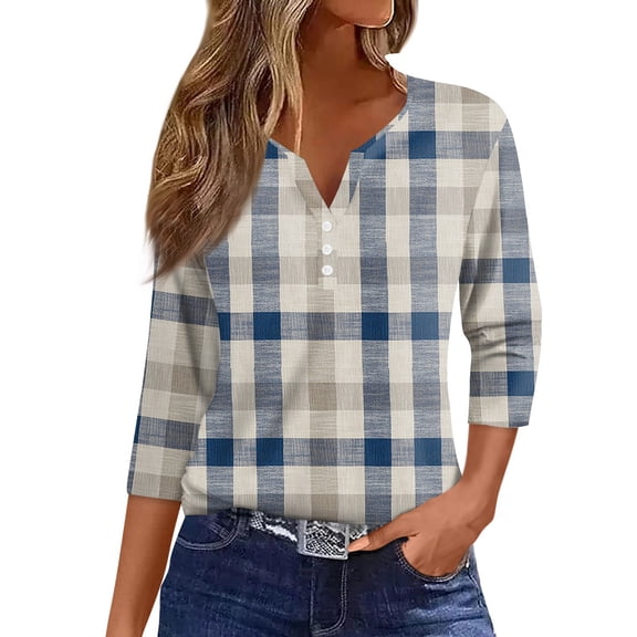 Garbnen Henley Shirt for Women Spring Summer Plaid Womens 3/4 Length Sleeve Tops Fashion Trendy Vacation Button Up Blouses for Women
