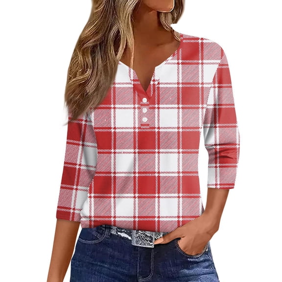 Garbnen Henley Shirts for Women Plaid Spring Summer Womens 3/4 Sleeve Tops Loose Fashion Dressy Button Down Women Blouses