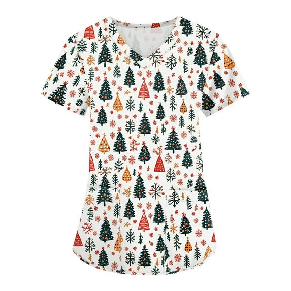 Garbnen Holiday Scrub Tops Funny Xmas Printed V Neck Short Sleeve Fall Scrub Top Women Nurse Uniforms with Pocket S-5XL