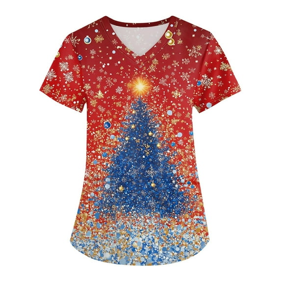 Garbnen Holiday Scrub Tops Funny Xmas Printed V Neck Short Sleeve Fall Scrub Tops Women Plus Size Nurse Uniform with Pocket S-5XL