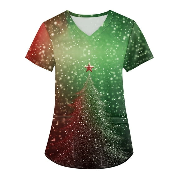Garbnen Holiday Scrub Tops for Women Funny Xmas Printed V Neck Short Sleeve Fall Womens Scrub Tops Printed Nurse Uniform with Pocket S-5XL