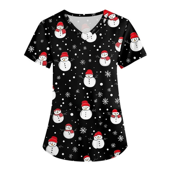 Garbnen Holiday Scrubs Funny Xmas Printed V Neck Short Sleeve Fall Women's Scrub Tops Nurse Uniform with Pocket S-5XL