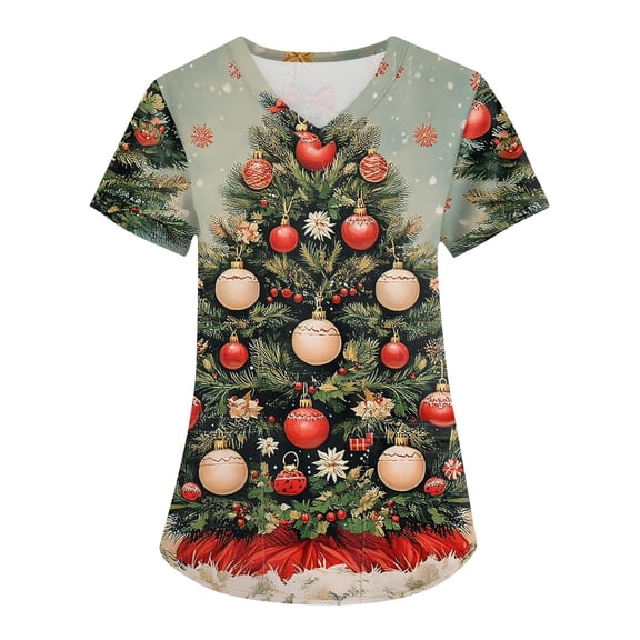 Garbnen Holiday Scrubs Tops for Women Funny Xmas Printed V Neck Short Sleeve Fall Womens Scrub Tops Nurse Working Uniforms with Pocket S-5XL