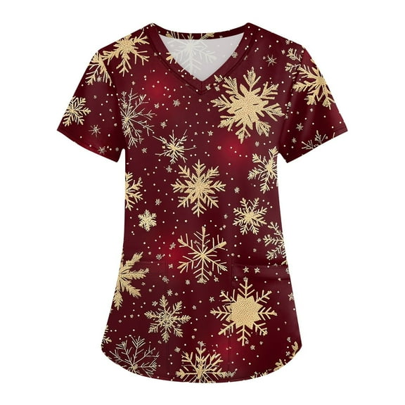 Garbnen Holiday Scrubs for Women Funny Xmas Printed V Neck Short Sleeve Fall Scrub Top for Women Nurse Working Uniforms with Pocket S-5XL
