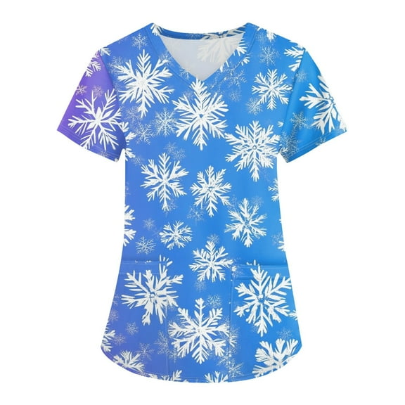 Garbnen Holiday Scrubs for Women Funny Xmas Printed V Neck Short Sleeve Fall Scrubs Top for Women Nurse Working Uniforms with Pocket S-5XL