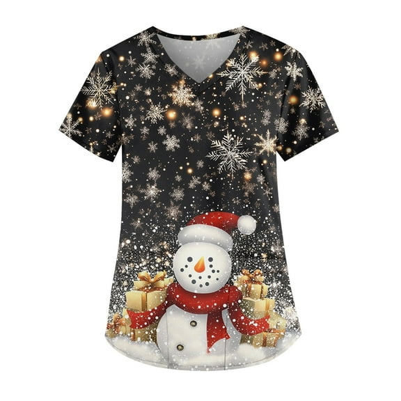 Garbnen Holiday Scrubs for Women Funny Xmas Printed V Neck Short Sleeve Fall Under Scrubs for Women Nurse Uniform with Pocket S-5XL