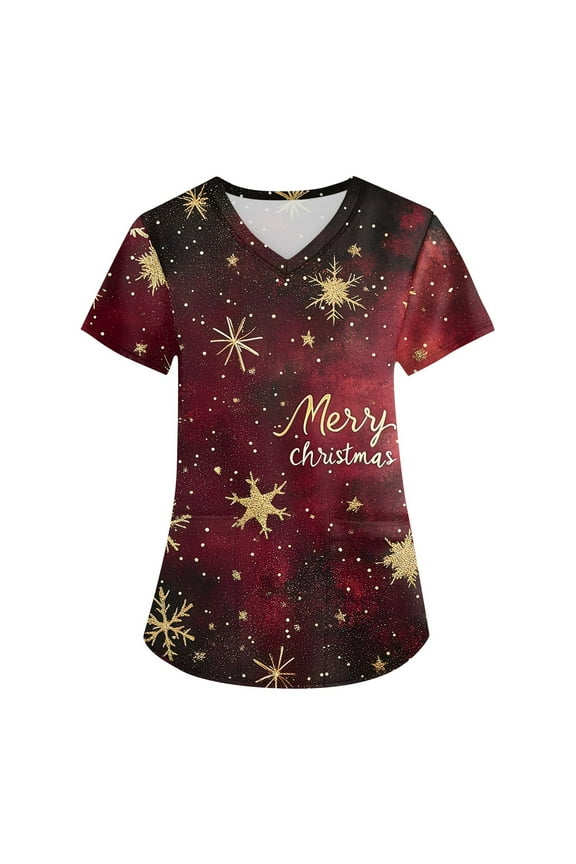 Holiday Scrubs for Women Funny Xmas Printed V Neck Short Sleeve Fall Womens Scrubs Nurse Working Uniforms with Pocket S-5XL
