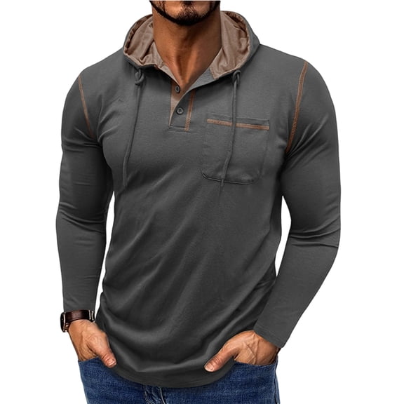Garbnen Hoodies for Men Drawstring Long Sleeve Henley Men Sweatshirts Fitted Spring Winter Button Pullover Men with Pocket