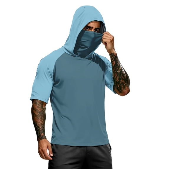 Garbnen Ice Silk Hooded Sun Shirts for Men Raglan UPF 50+ Sun Protection Men Rash Guard Short Sleeve with Face Mask Quick Dry Cooling Summer Athletic Fishing Shirts