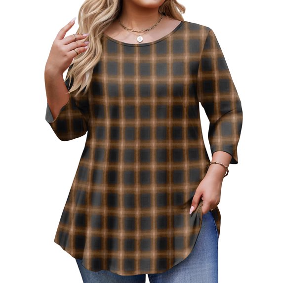 Garbnen L-5XL Plaid Plus Size 3/4 Sleeve Shirts for Women Curved Hem Crewneck Tops for Women Color Block Trendy Blouse Women